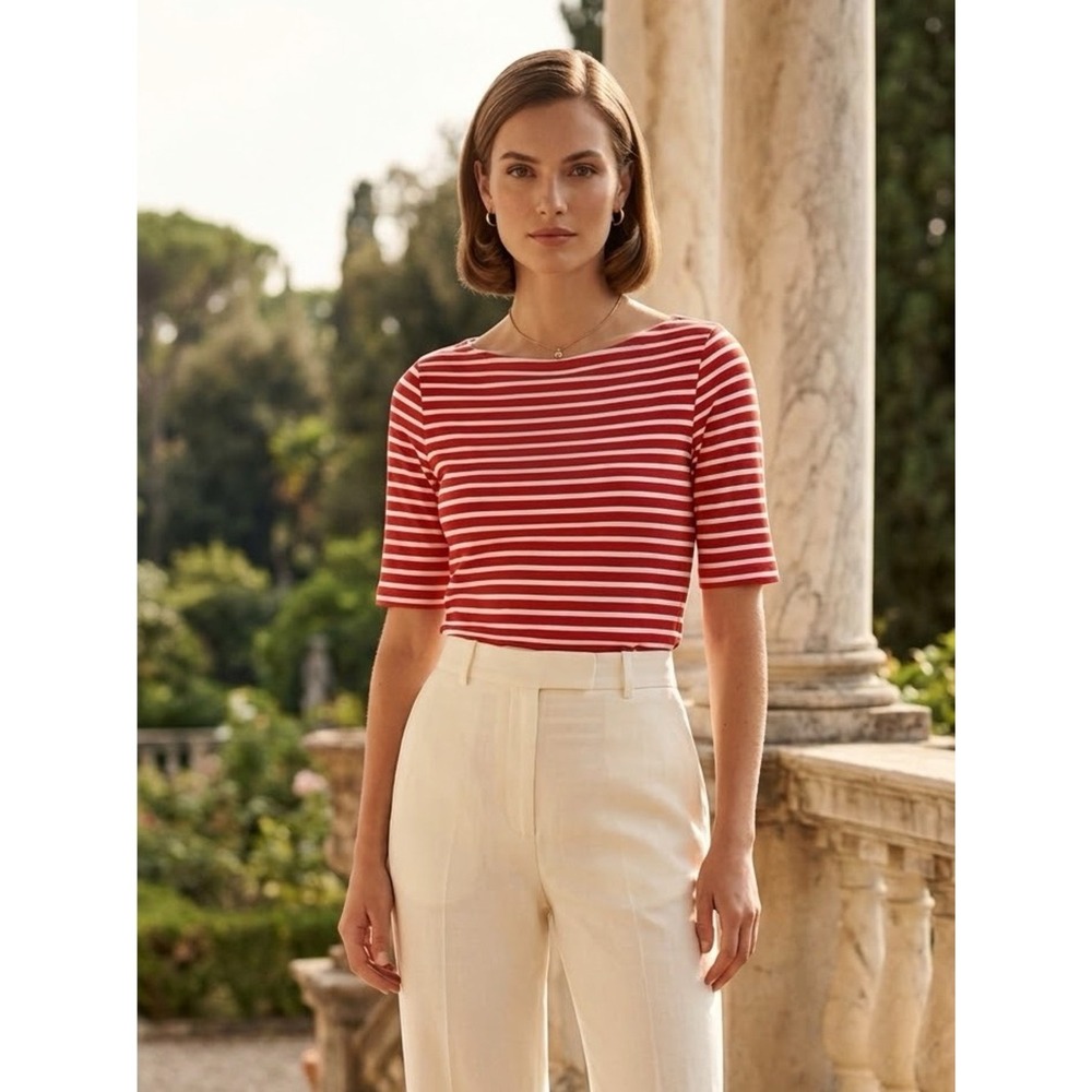 Lauren Ralph Lauren Red White Striped Boatneck Top Cuff Sleeve PL Quiet Luxury